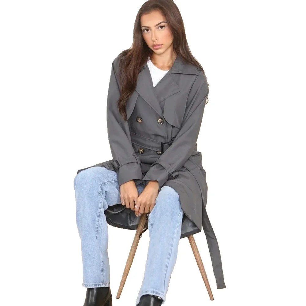 Katch Me Women's L Notch‎ Lapel Double Breasted Belt Trench Coat Gray NEW